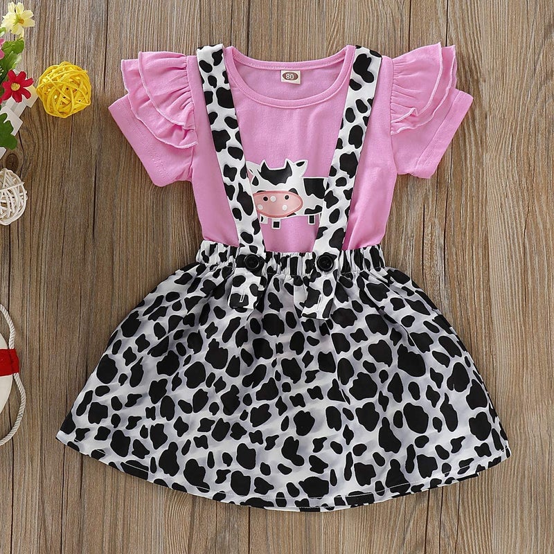 BOIZONTY Toddler Baby Girl Ruffled Fly Sleeve Cow Top Shirts + Leopard Suspender Skirts Overall Dress Clothes Set(18-24 Months,Leopard Cow) - Image 3